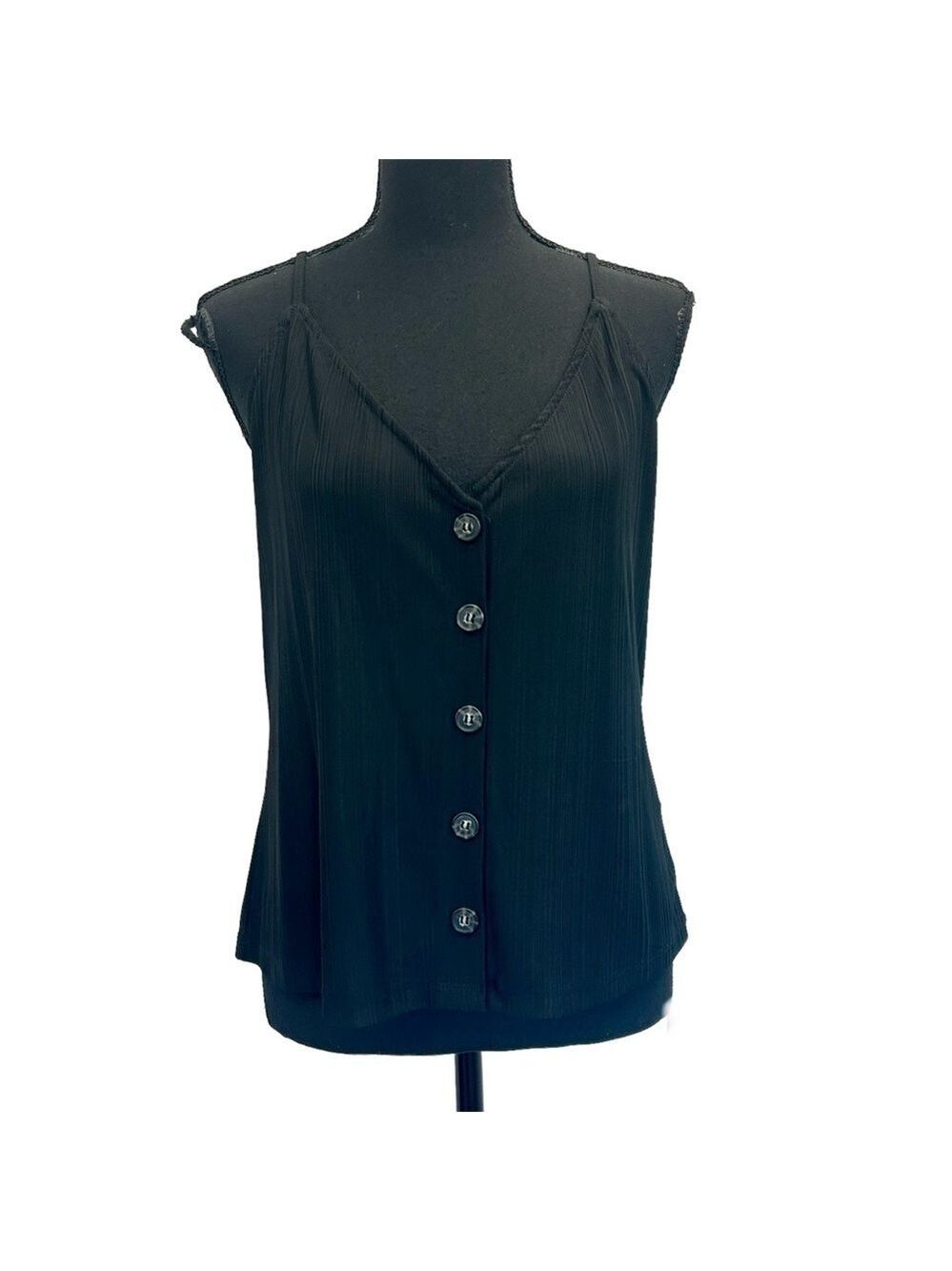 DYNAMITE black stretchy satin effect button V-neck camisole tank top Sz M